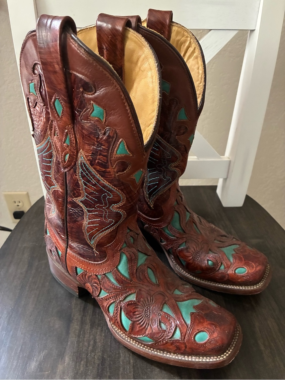 Turquoise Inlay Cutout Corral Women's Western Heeled Leather Boots Size 6.5 M